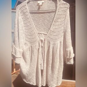 LOFT Open Knit Tie-Front Cardigan in Cream